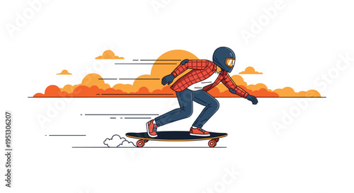 A male skateboarder in a blue helmet and plaid shirt is speeding across a flat surface with an orange sunset and clouds in the background.