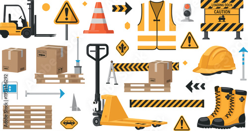 Warehouse and Construction Safety Icons Collection with Forklift, Pallet Jack, Boxes, Helmet, Safety Vest, Boots and Loading Dock Warning Elements
