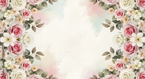 Beautiful floral border with pink and white roses on soft watercolor background
