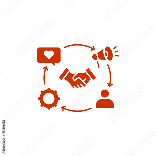 Marketing Workflow Illustration with Handshake and User Interaction Symbols. Customer Journey Icons Showing Engagement and Partnership Cycle.  Business Collaboration and Customer Engagement Icons