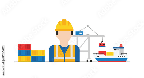 A faceless dockworker stands between stacked shipping containers and a cargo ship being loaded by a crane.