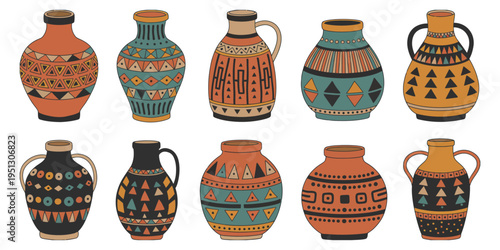 Clay pots orange black design handles geometric pattern traditional pottery decorative vessels isolated white background vector illustration