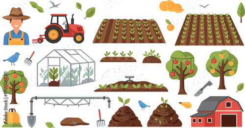 Farming and Agriculture Icons Collection with Tractor, Greenhouse, Crops, Farmer, Irrigation and Barn Elements