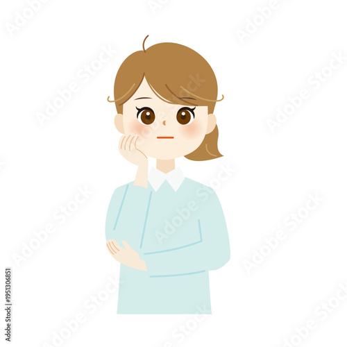 頬杖をつく無表情の女性のイラスト　思案・ニュートラル03