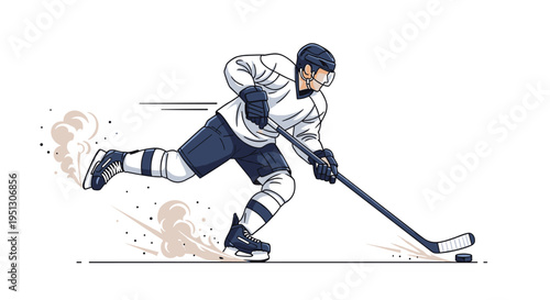 An ice hockey player in a white and dark blue uniform shoots a puck with ice spray on a white background.