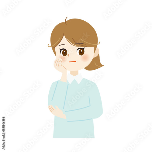 頬杖をつく無表情の女性のイラスト　思案・ニュートラル09