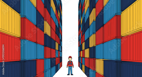 A small worker stands in a narrow aisle between towering walls of colorful shipping containers.