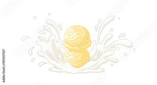 Two scoops of vanilla ice cream are stacked with a creamy splash around them on a white background.