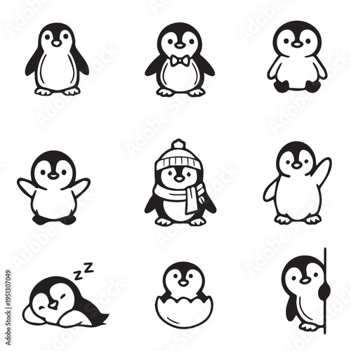 Cute penguin doodle clipart set featuring playful and expressive poses. Perfect for kids' designs, stickers, and winter-themed projects. Vector illustration
