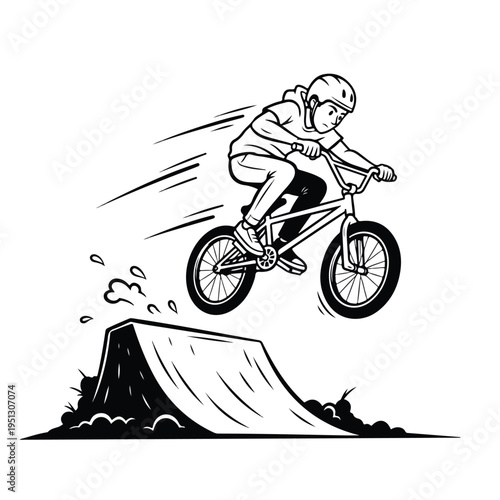 A bmx rider performs a jump on a ramp with motion lines, wearing a helmet and protective gear in a black and white illustration