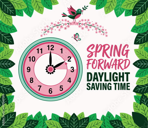 Spring forward for daylight saving time change with a clock and lush green leaves