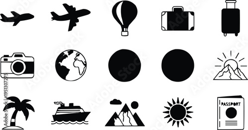 Symbol of air travel, flight and traveling to different destinations by plane.Symbol of thrills, sightseeing and unique travel experiences. Suitcase: Symbol of packing, luggage and travel.