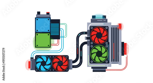 A complex modular computer liquid cooling system with spinning blue, red, and green fans is illustrated on a white background.