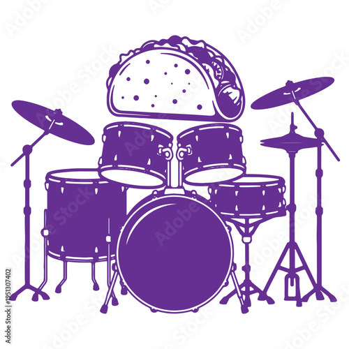 Purple drum set with taco replacing snare drum isolated on white background
