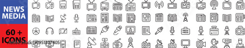 News media Web Icon Set in Line Style. Collection of Mass media Linear Icons, Including tv, radio, newspaper, magazine, news, broadcasting, press, interview, journalism and more. Outline icon