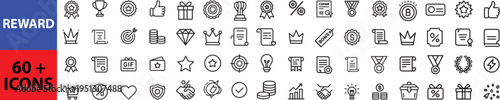 Reward set of web icons in line style. A collection of linear icons representing various reward concepts, including gift, trophy, recognition, reward program, medal, bonus, and more. Outline icon