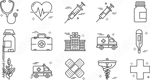 Medical Healthcare Outline Icons Collection with Stethoscope, Syringe, Medicine Bottle, Hospital, Ambulance and First Aid Elements