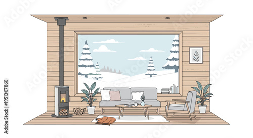 A cozy wood-paneled living room with a grey sofa, wood-burning stove, and a large window overlooks a serene snowy landscape.