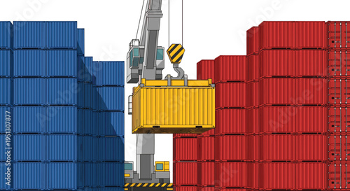 An industrial crane lifts a yellow shipping container between tall stacks of blue and red containers in a stylized close-up illustration.