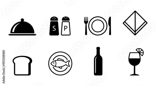 a collection of black and white icons representing various restaurant and food service elements, including dishware, food, drink, and table settings, useful for menus, advertising, and branding