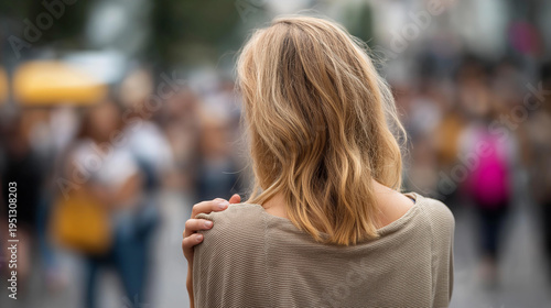 Faceless woman in a crowd on a busy city street, posture suggesting fear or anxiety, surrounded by faceless people, urban street behind, panic attack public, anxiety disorder, agoraphobia