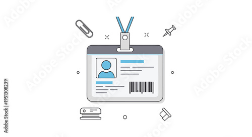A horizontal illustration features a grey and blue identification badge with a barcode and profile icon, surrounded by office supplies like paperclips and pushpins.