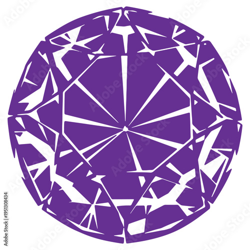 Purple gemstone icon with faceted surface and geometric pattern isolated on white background