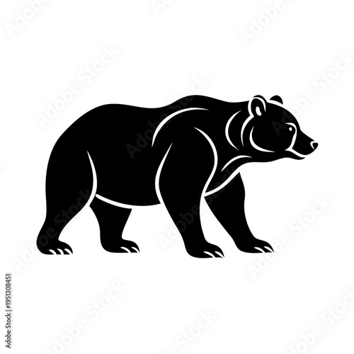 Black grizzly bear silhouette in profile, strong powerful animal. Detailed grizzly bear drawing shows muscular body and fierce expression.