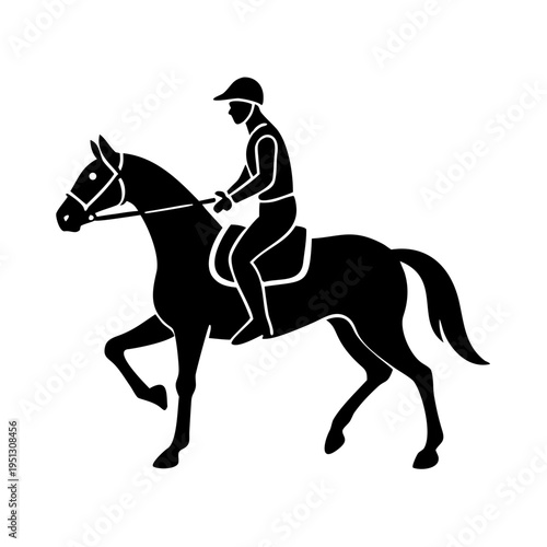 Black silhouette of horse and rider on white background, depicting equestrian sport. Detailed horse and rider illustration for various design projects, including logos and apparel.