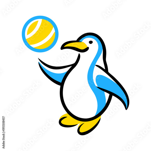 Smiling penguin playing ball, balancing yellow sphere on flipper. Stylized penguin playing ball, blue, white, yellow beak, feet. Playful penguin playing ball illustration, for kids, sport, branding.