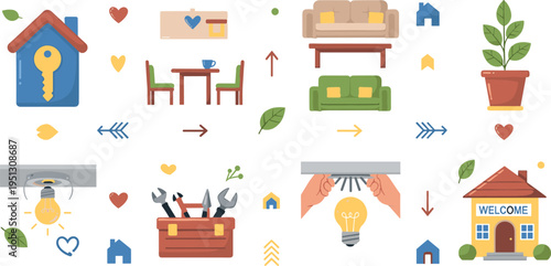 Smart Home and Household Icons Collection with Furniture, Lighting, Tools, Plants, Energy Saving, Home Automation and Cozy Interior Elements