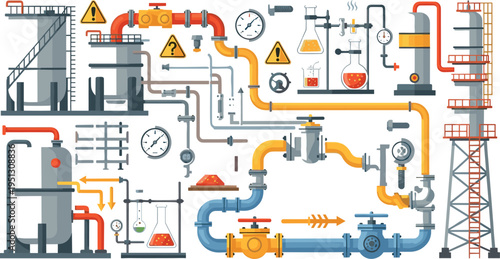 Industrial Pipeline and Chemical Processing Icons Collection with Pipes, Valves, Gauges, Tanks, Refinery Systems and Manufacturing Plant Equipment
