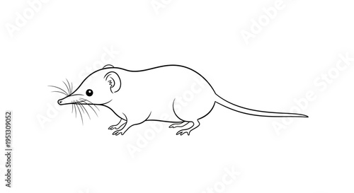 Line drawing of a small rodent with pointed snout and long tail on white background