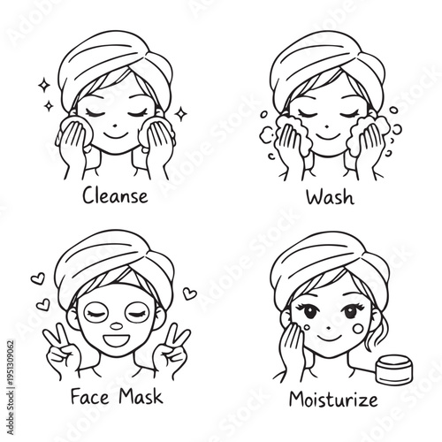 Facial skin care icons set. Woman applying products for healthy skin, linear icons. Vector illustration