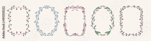 Set of coquette floral hand drawn frame with beautiful flowers, leaves, bow and ribbons in whimsical lines. Spring summer elegant vintage border perfect for wedding, invitation, greeting cards.