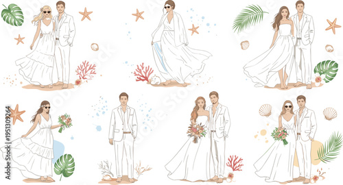 Beach Wedding Couple Illustration Set with Bride and Groom in Coastal Ceremony Scenes, Tropical Elements, Romantic Seaside Marriage Collection Design
