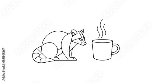 Cartoon raccoon observing cup of hot beverage with steam illustration