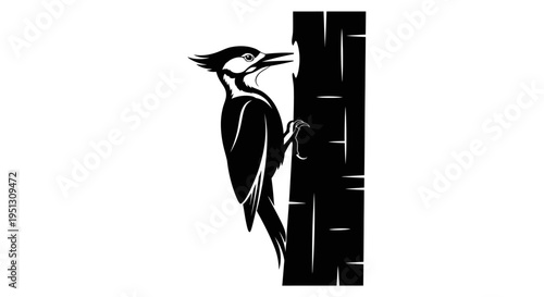 Black and white illustration of a woodpecker pecking on a tree trunk