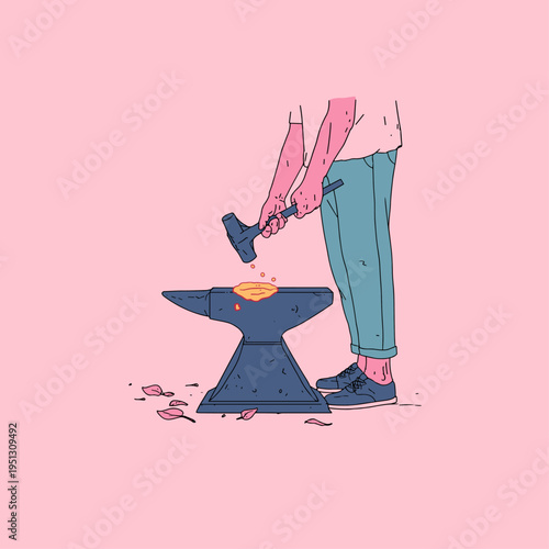 Artisan Hands Hammering Hot Metal Leaf on Anvil