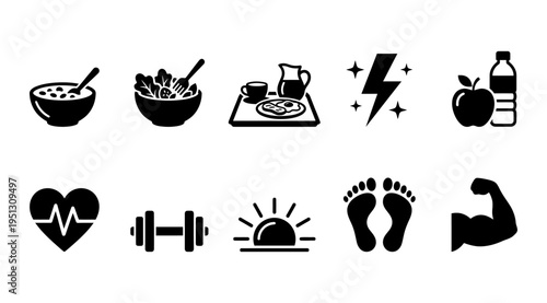 a collection of black icons representing a healthy lifestyle and fitness, including food, exercise, and wellness symbols, ideal for use in marketing, advertising, or educational materials