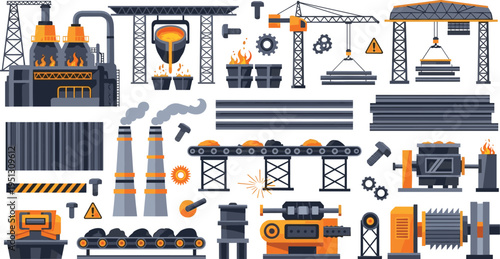 Steel Industry and Metal Production Icons Collection with Furnace, Foundry, Rolling Mill, Conveyor System, Cranes and Heavy Industrial Manufacturing Equipment