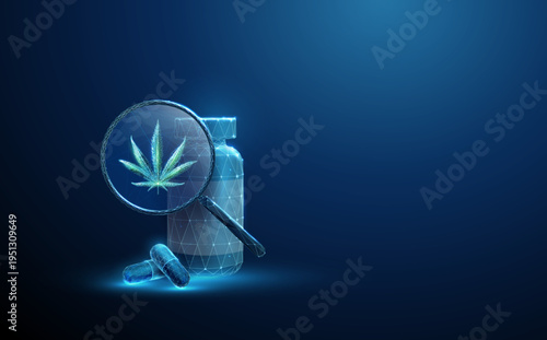 3d blue medicine bottle with capsules under magnifying glass with cannabis leaf. Medical cannabis, CBD product inspection, pharmaceutical quality control concept.