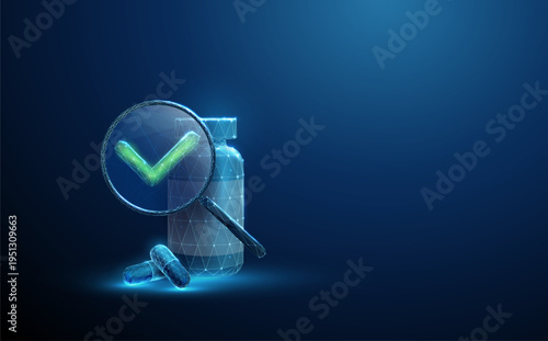 3d medicine bottle, capsules under magnifying glass with green check mark. Approved pharmaceutical product, verified medication quality, certified supplements concept.