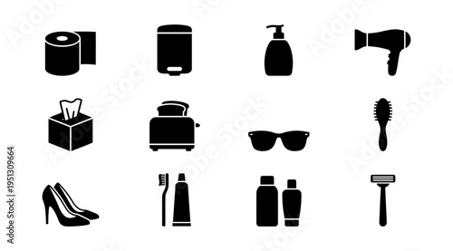 a collection of black silhouettes featuring various bathroom and beauty products on a white background, including toiletries and accessories