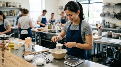A student carefully measuring ingredients while baking in a modern kitchen filled with fellow cooks and culinary tools