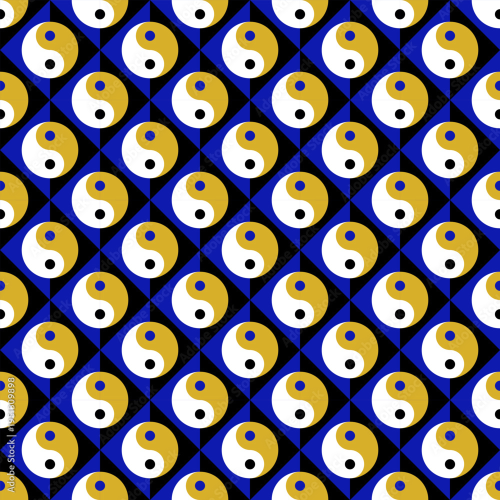 Fototapeta premium Seamless geometric pattern with yin yang symbols creating optical drift illusion. Abstract repeating background with hypnotic motion effect.