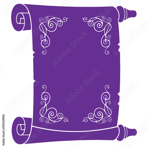 Purple scroll with decorative swirls and ornaments isolated on transparent background for design and decoration purposes