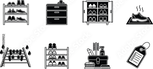 Shoe storage and care silhouettes icon set featuring rack, cabinet, mat, cleaning kit and tag for closet organization and footwear maintenance design
