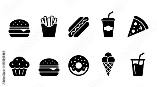 a collection of black and white icons representing various fast food items on a clean white background, suitable for use in menus, advertisements, or websites