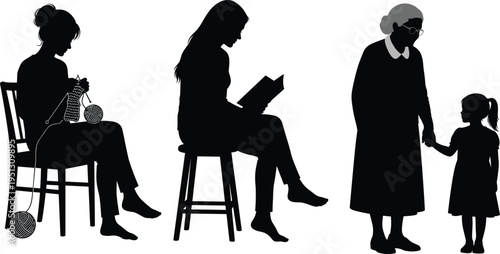 Set of woman silhouettes knitting on chair, sitting on stool reading book, and grandmother holding hands 